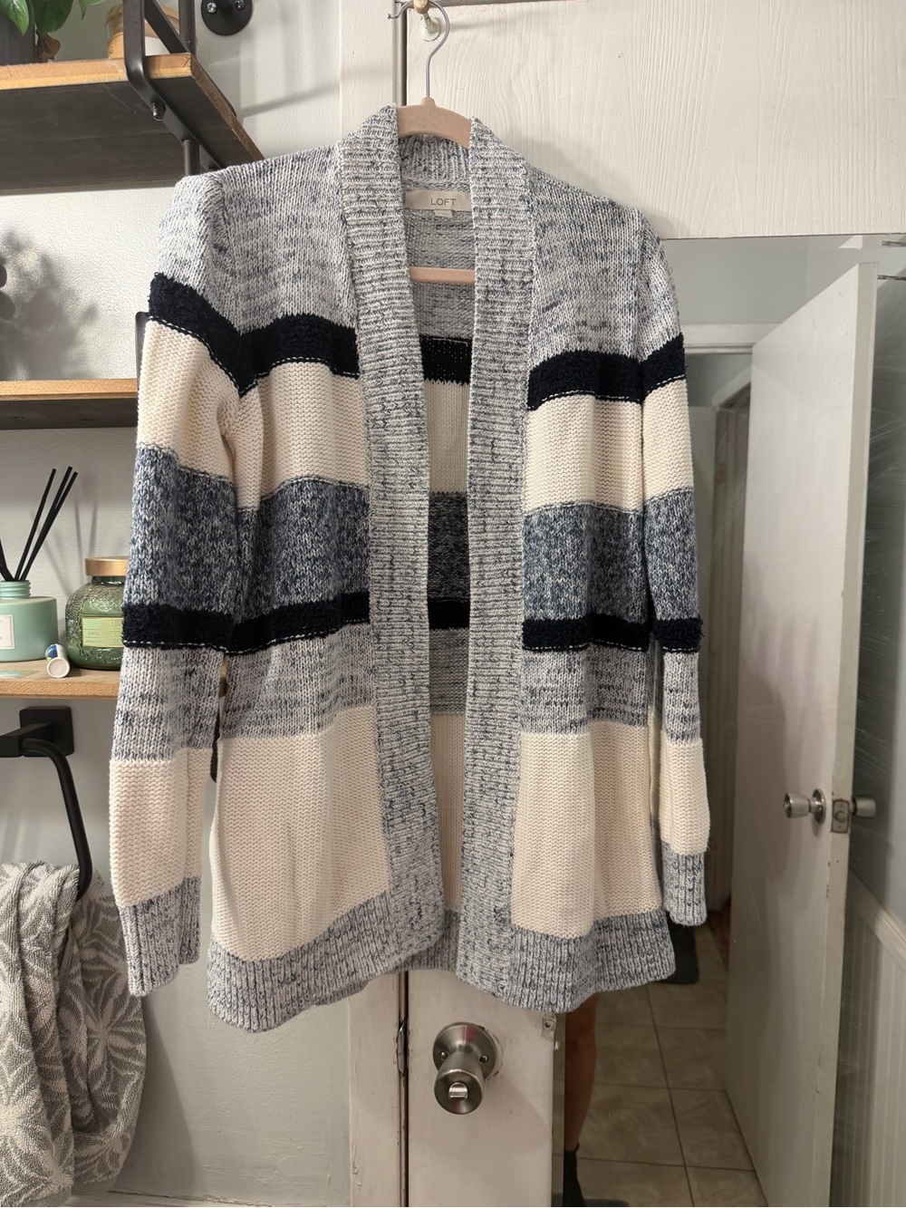 LOFT Open-Front Striped Cardigan in Cream, Navy, and Light Blue